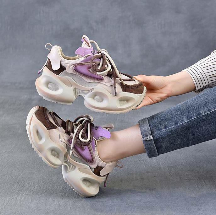 Moda 6CM Couro de Camurça Mesh Aérea Marca Alta Plataforma Anabela Primavera Verão Mocassim Vulcanizado Mulher Tênis Chunky Sapatos Respiráveis