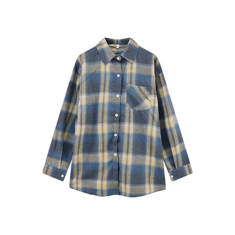 Cămașă de damă retro cu carouri, periată - Îmbrăcăminte exterioară cu mânecă lungă, cu croială lejeră, pentru toamna 2024