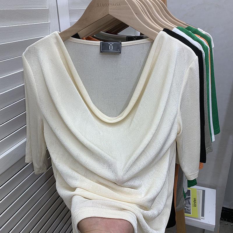 

Women s Loose-Fit Short Sleeve T-Shirt, Solid Color, Pile Design, Slimming Summer Style One Size (suitable for 90-120 jin)