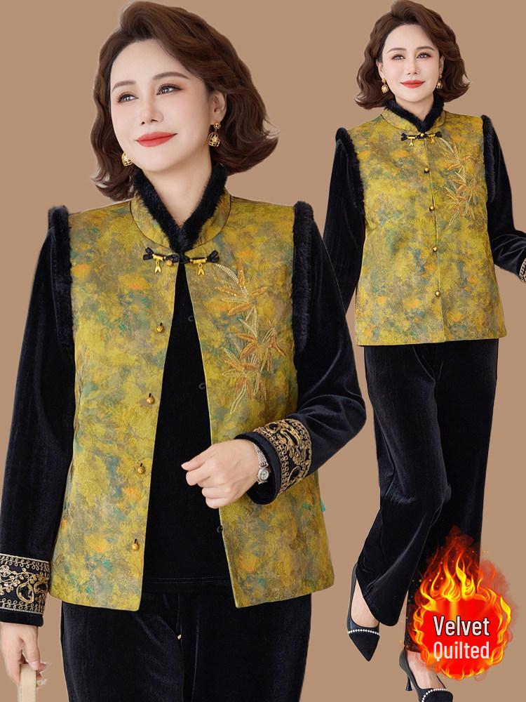 Stylish Fleece-Lined Chinese Padded Vest Set for Middle-Aged/Elderly Women - Plus Size, Autumn/Winter Collection