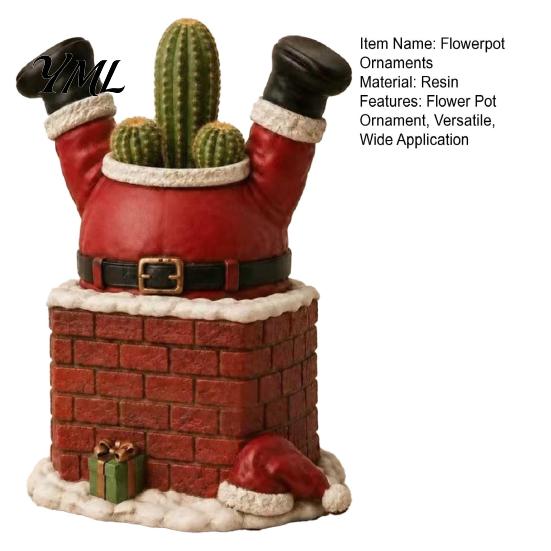 Winter Garden Decor Santa Claus in Smokestack Flower Pot Ornament, Resin Decorative Plant Durable Succulent Planter Container, Small for Holiday