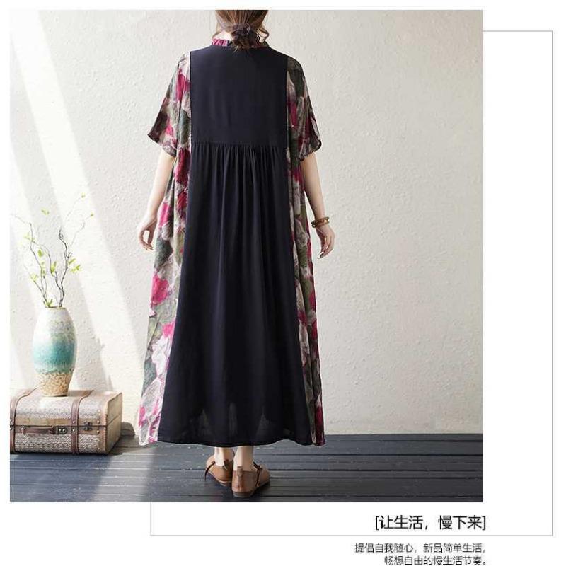 Summer New Literary Large Size Printing Splicing Wood Ear Lace Casual Swing Short Sleeve Long Dresses