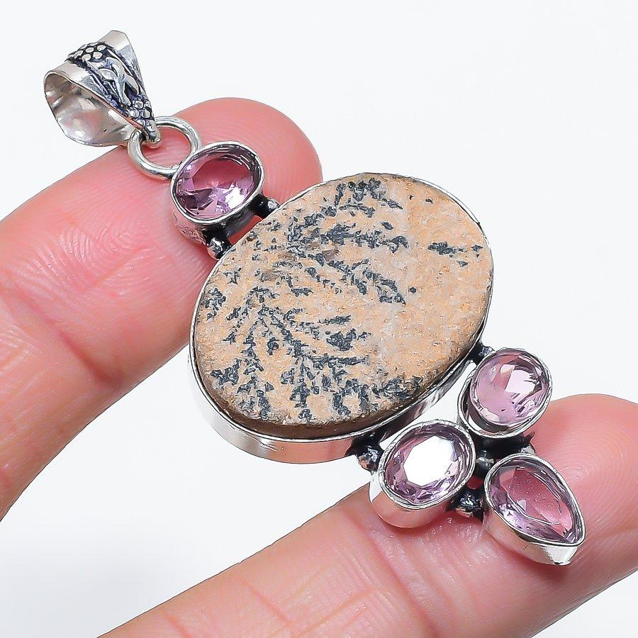 Natural Psilomelane Dendritic, Kunzite 925 Sterling Silver Pendant 2.44" Q6q18