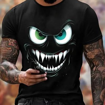 Men's Monster Print T-shirt, Summer Fashion Breathable Casual Short Sleeve Crew Neck Short Sleeve Tee Men's Clothing For Outdoor