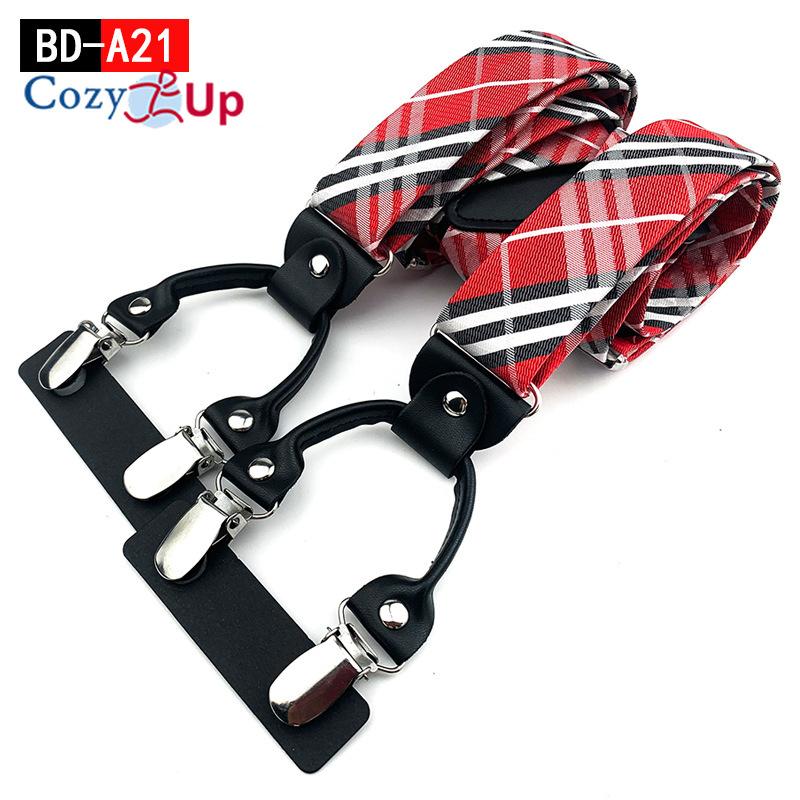 Suspensórios masculinos adultos em forma de Y com 6 clipes em tecido jacquard de couro com alça traseira elástica ajustável com ganchos giratórios e tiras elásticas nas costas em Y