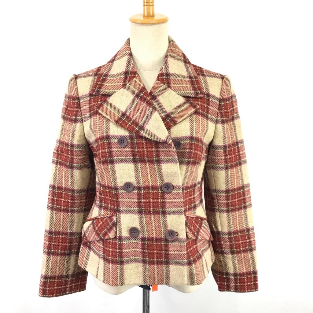 Made in Poland Laura Ashley Short Pea Coat 9 Women M Red×Beige Check Outer Jacket(USED)