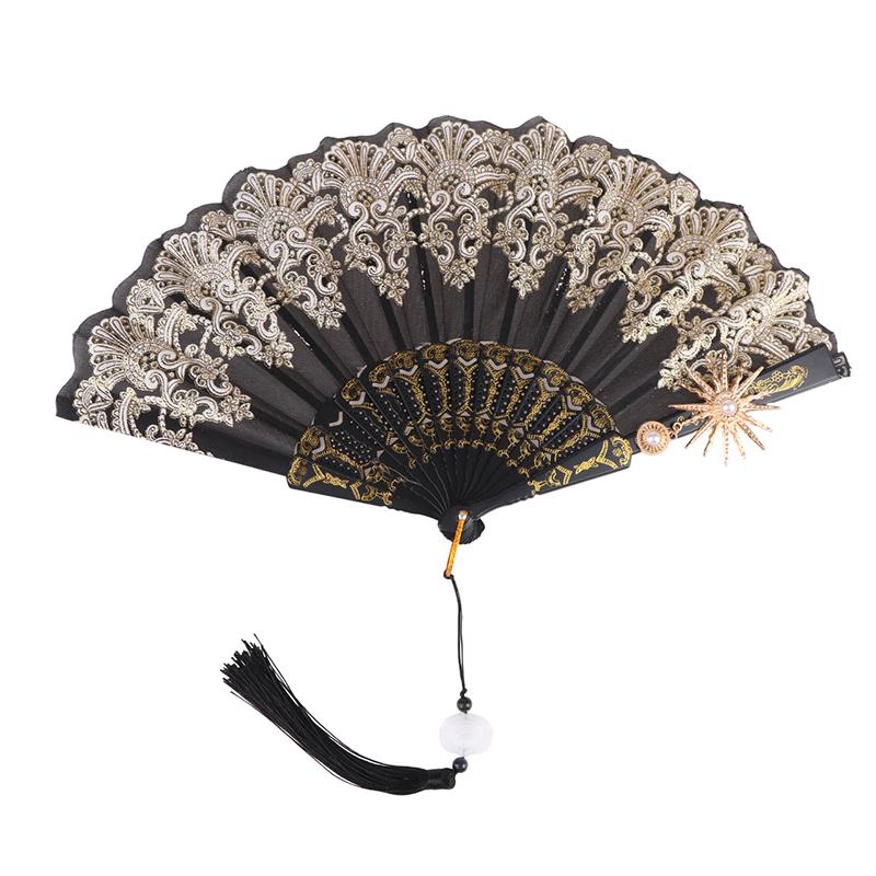 Ladies Lace Hand Fan Black White Cloth Folding Fans With Tassels Ancient-Style Dance Folding Hand Fan For Wedding Party Favor