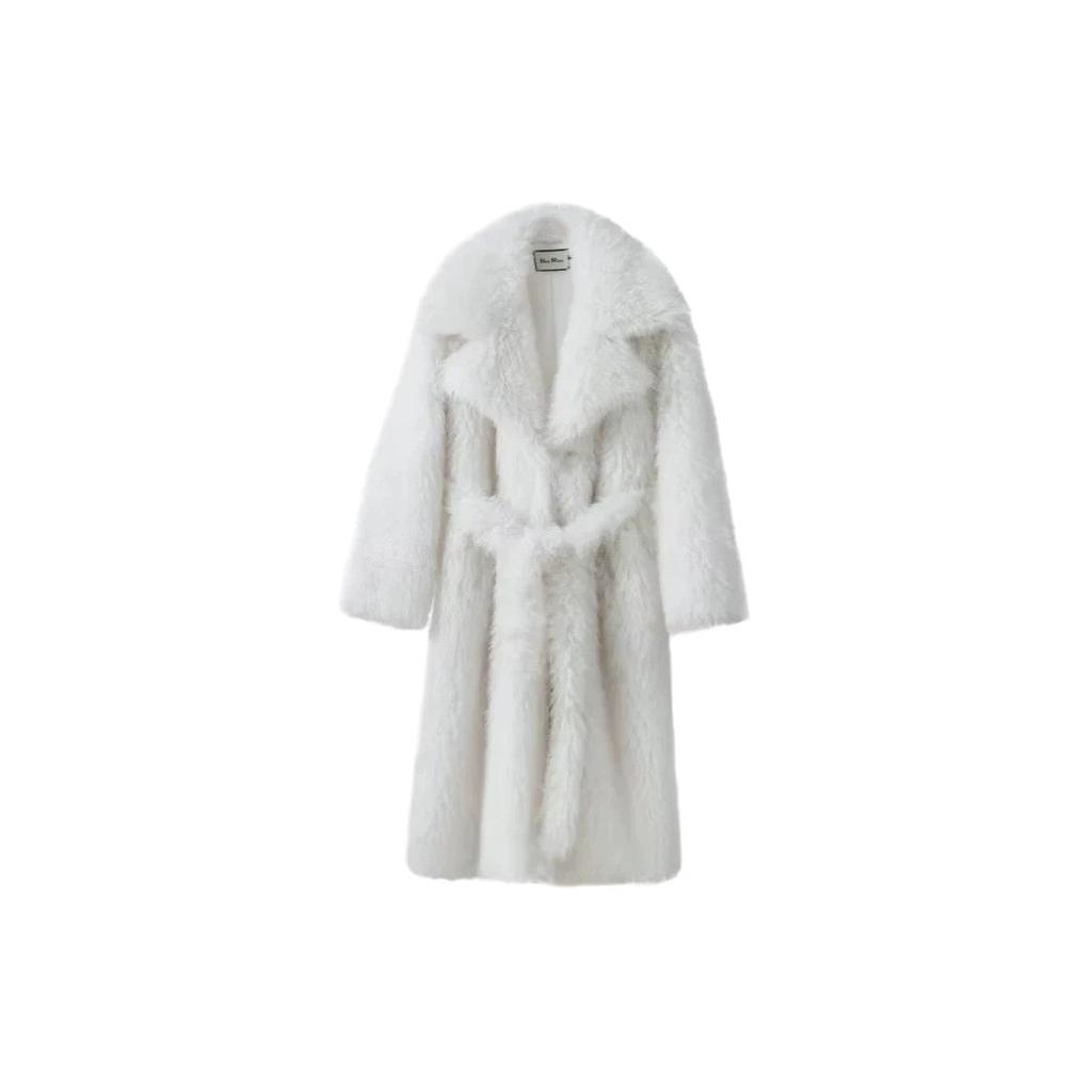 European and American women's clothing autumn and winter new white imitation lamb wool lace-up waist extended fur coat