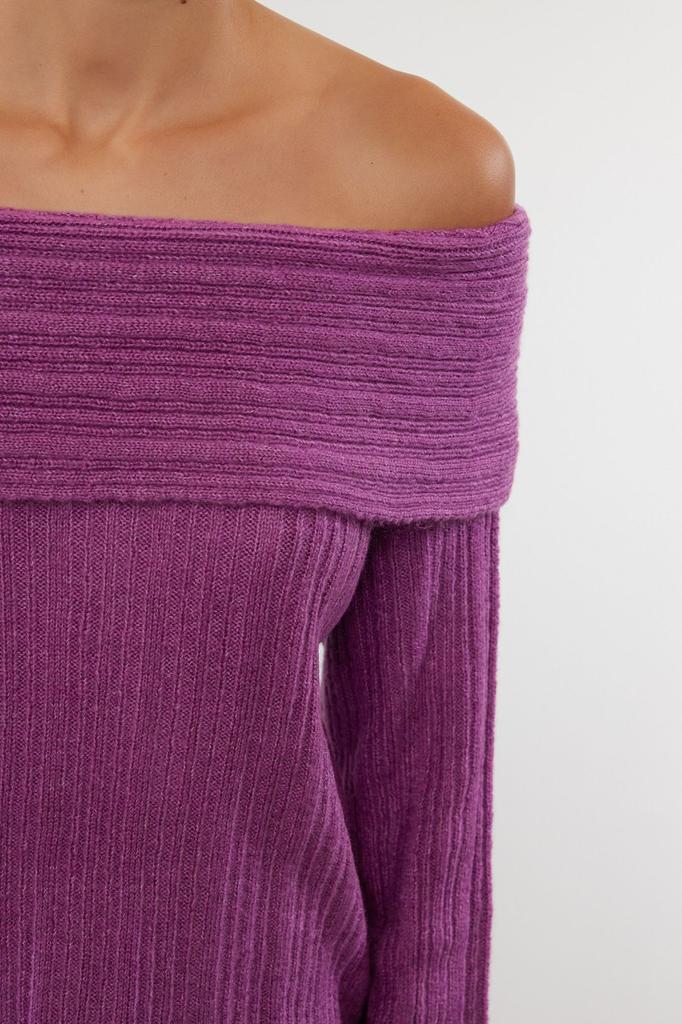 Women's Fashion Stylish Sweater Plum Soft Textured Carmen Collar Knitwear Sweater