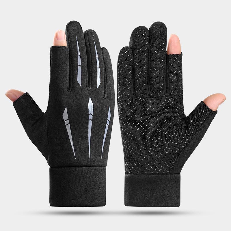 Men's Winter Touchscreen Cycling & Driving Gloves - Velvet Lined, Non-Slip, Two-Finger Design for Motorcycling and Fishing.