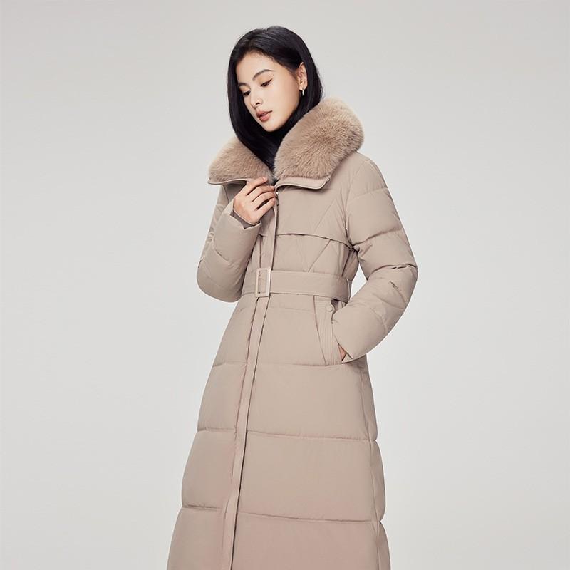 Womens Long Winter Coat With Detachable Faux Fur Collar Thick Cotton-Padded Parka Slim Fit Over-Knee Outerwear