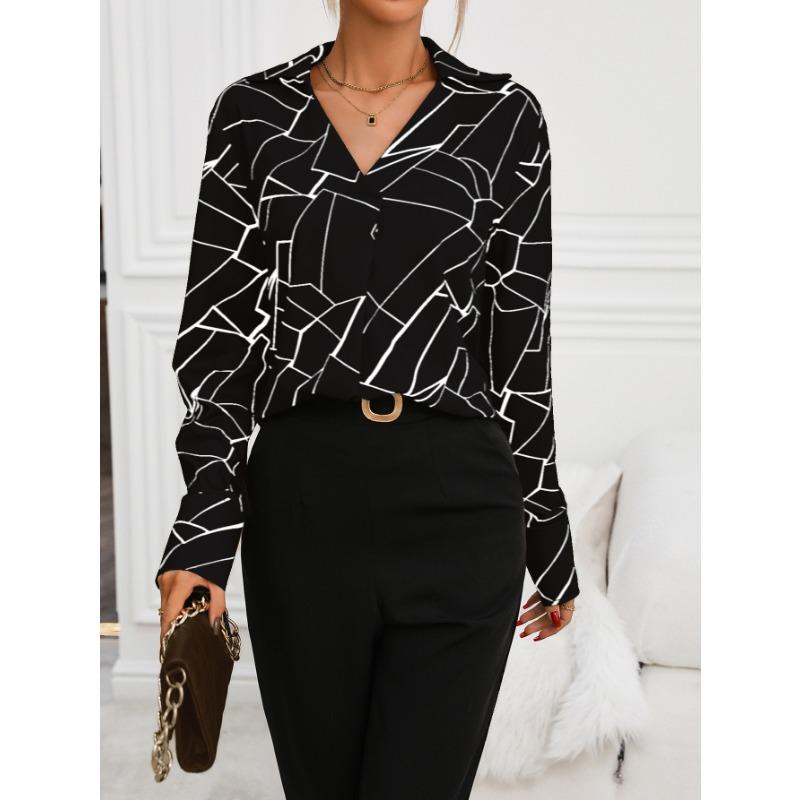Women S Loose Fit V Neck Long Sleeve Printed Shirt