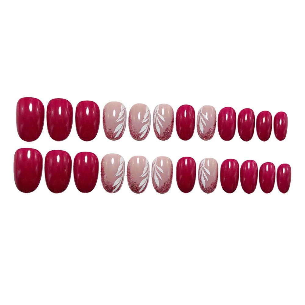 Rose Red Gradient Feather Nail Tips with Glitter Leaf Pattern – European & American Style Hot-Selling Wearable Nail Art