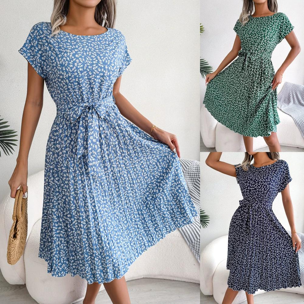 Ins Real Shot Spring and Summer Casual Short-sleeved Floral Pleated Skirt Women's Clothing