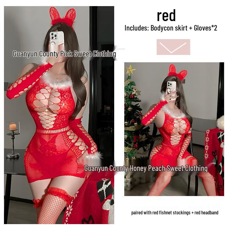 Red Plush Mesh Dress - Sultry Christmas Lingerie & New Year's Eve Attire
