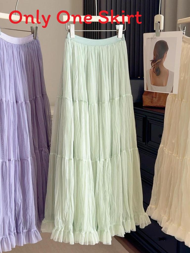 Pure Color Mesh Panel Long Skirt With Pleats For Casual Womens Fashion
