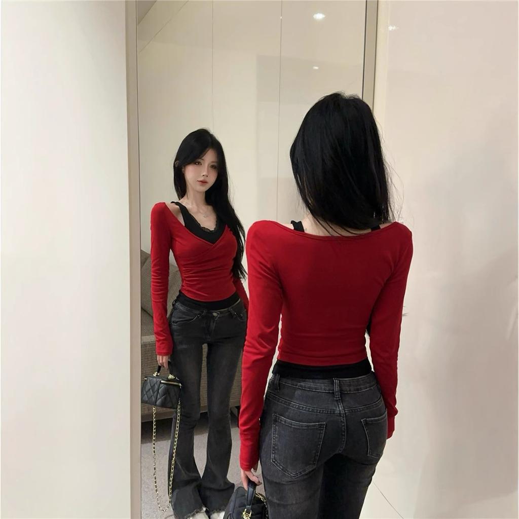Women's V Neck Long Sleeve Crop Top Faux Two Piece Halter Lace Splice Slim Fitted Y2K Spring Layering Blouse