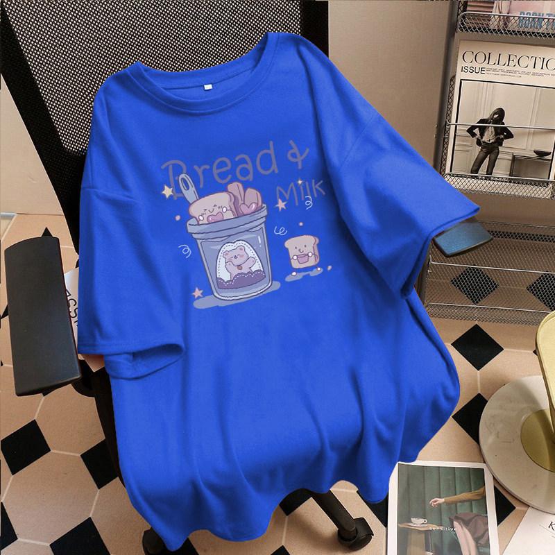 Japanese Cute Plus Size Purple Printed Cotton T-Shirt for Women - Loose, Short Sleeve, Summer Style