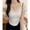 Apricot V-neck Clavicle Right Shoulder Short-sleeved Summer New Style Waist Slimming Hot Girl T-shirt Female Hem Curved Pure Desire Top