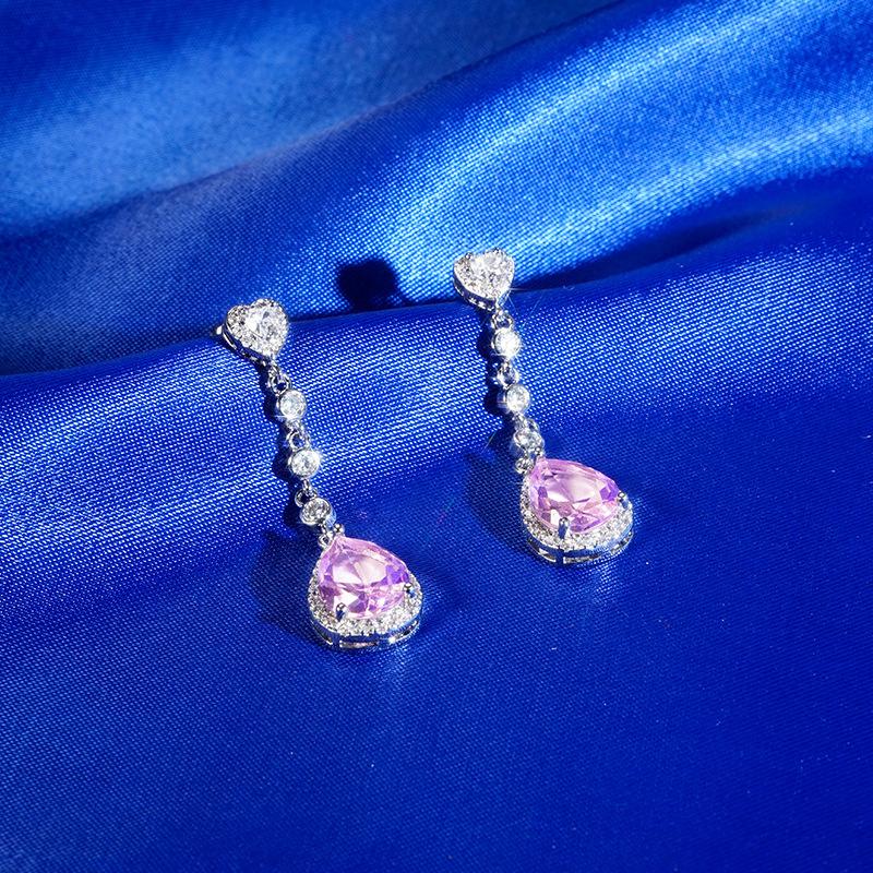 Earrings Set, Necklace, Female Imitation Pink Water Drop-Shaped Diamond Wind Water Drop-Shaped Jewelry Pendant.