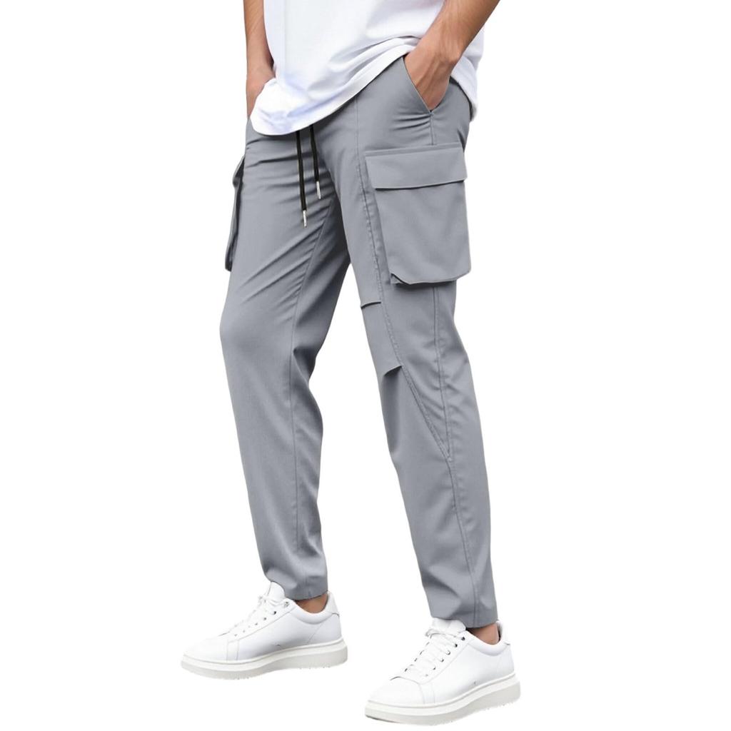 Pantaloni de drumeție pentru bărbați, cargo, cu buzunare multiple și șnur, cu croială dreaptă, casual