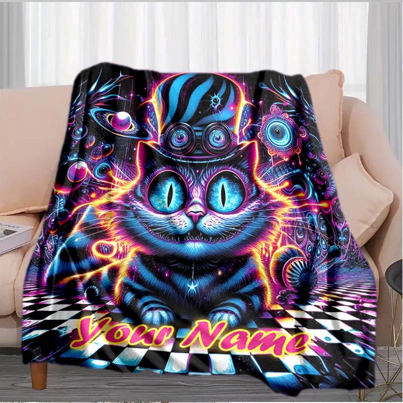 1PC Custom Name Psychedelic Cat Dreamscape flannel blanket versatile,all-season throw suitable for the living room,bedroom,camping,travel,and gift