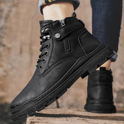 Male Warm Plush Fur Winter Boots Classic Leather Men Ankle Boots Lace-Up Non-Slip High Top Shoes Punk Style Man Motorcycle Boots