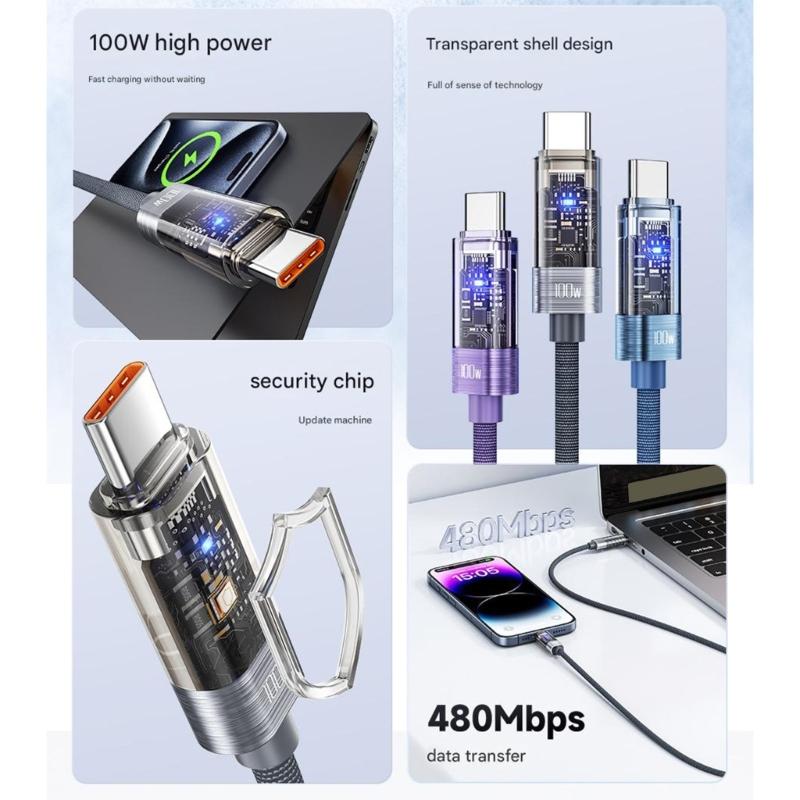 Intelligent Auto Power Off 100W USB C to USB C Charging Cable Clear Views Aluminum PVC Construction