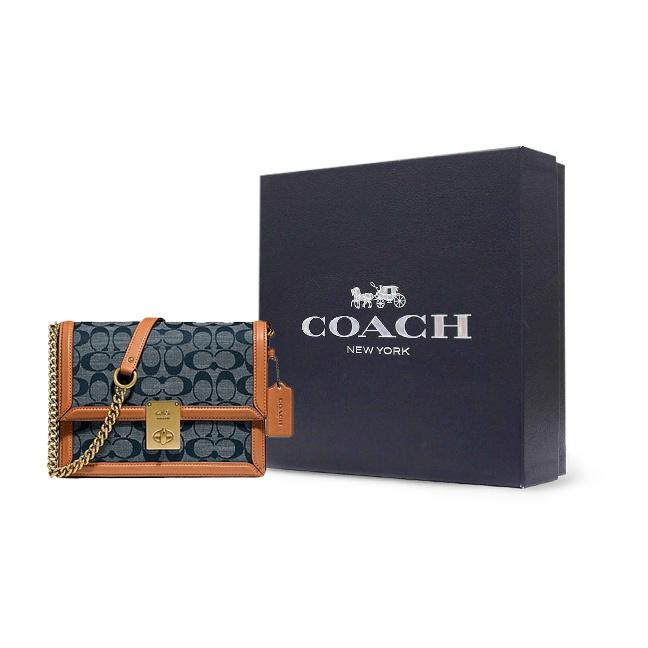 Coach Hutton Floral Print Chain Canvas And Leather Shoulder Bag Women Shoulder Bag Denim-Blue Brown 3696-B4RA3