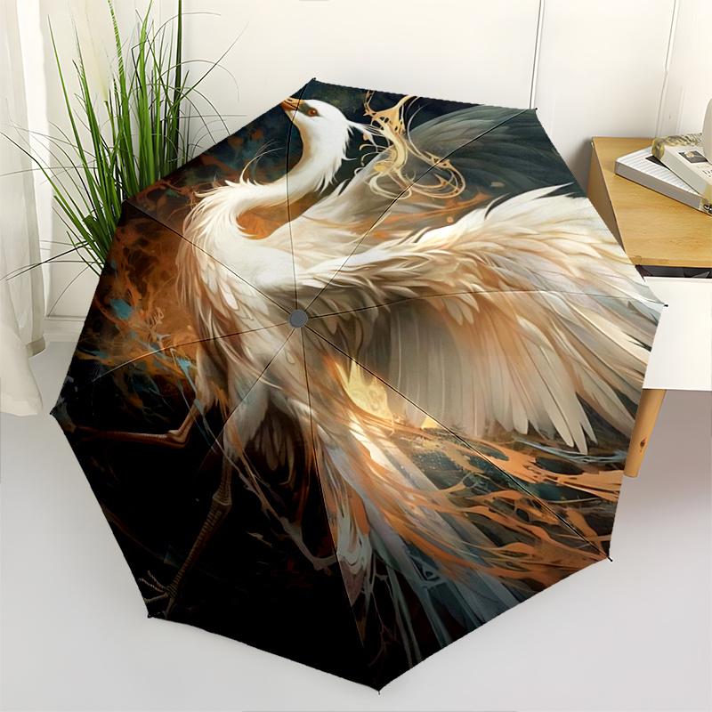 

1pc Elegant White Crane Fantasy Bird Automatic Opening Folding Umbrella with 8-Bone Iron Frame, Perfect for Outdoor Use, Travel, Daily Life, and