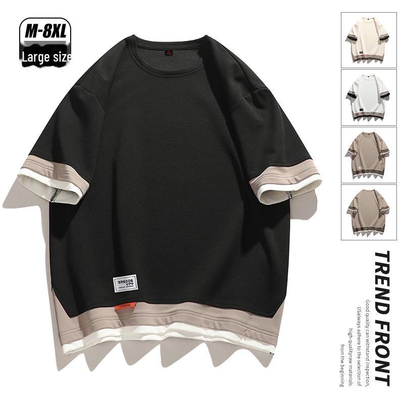 Men's Large Short-Sleeve Color-Block Fake Three-Piece Trendy Top