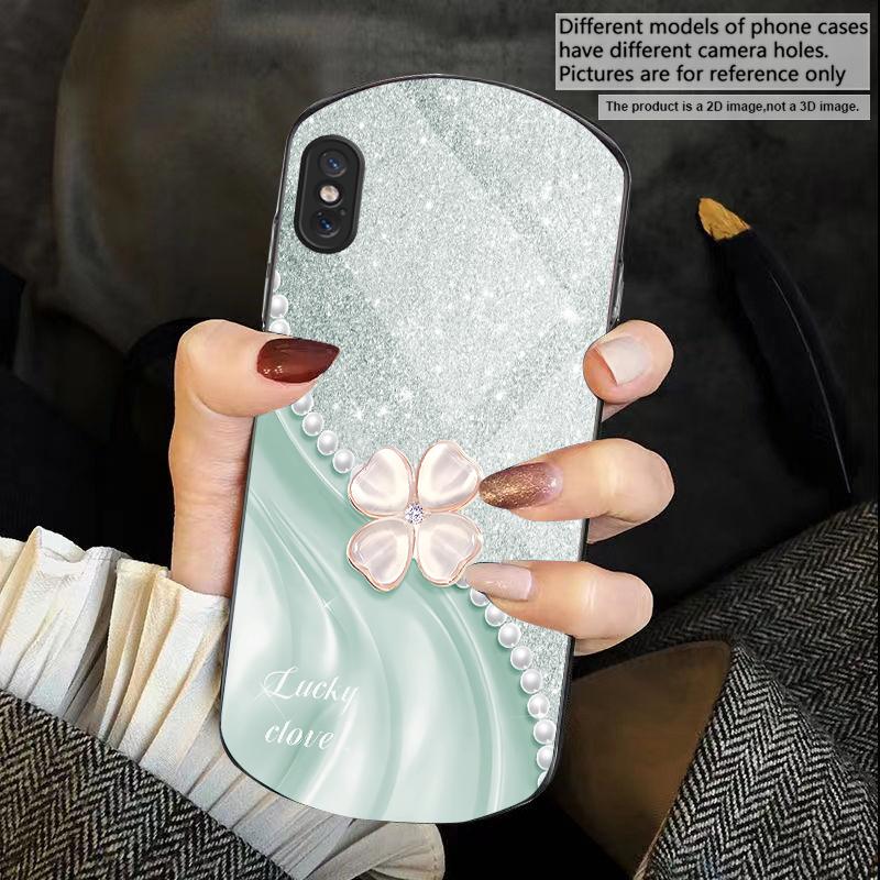 Pink Four-leaf Clovers For iPhone 17 16 15 14 Pro 13 Plus 12 Mini 11 Pro Max XR X S 7 8 6 Elliptical Tempered Glass Phone Case