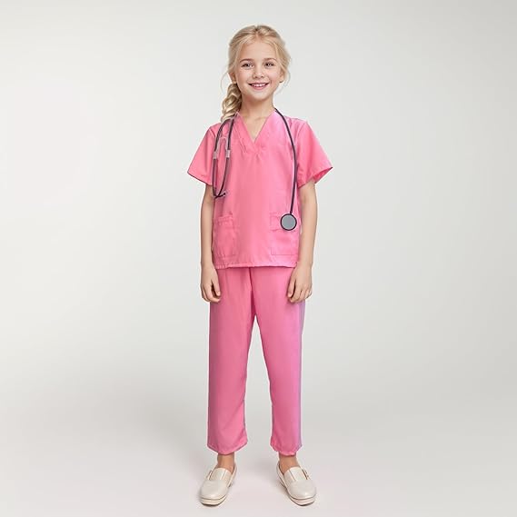 Set de Disfraz de Doctor para Niños con Estetoscopio de Juguete y Placa de Identificación, Tejido Fino, 120 cm, 4-5 Años, Blanco/Rosa