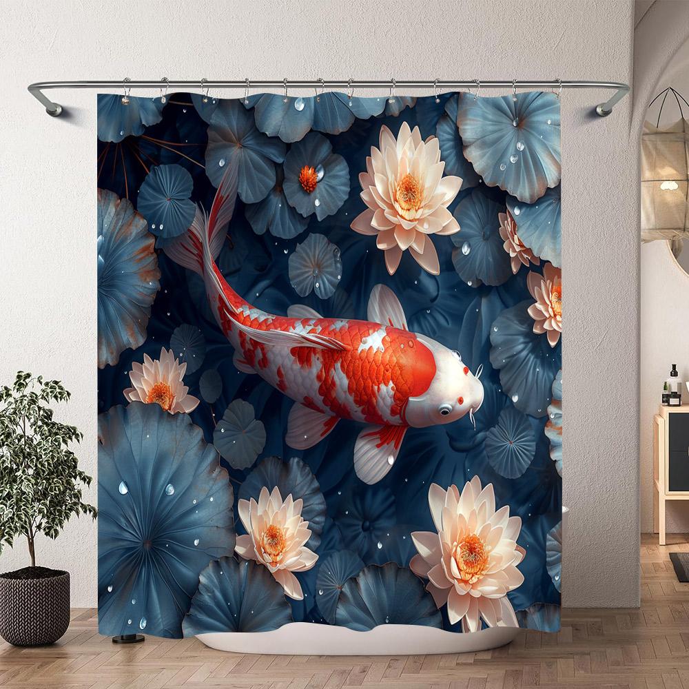 Chinesische Japanische Koi Tuschemalerei Duschvorhang Rot Kirschblüte Welle Fisch Aquarellmalerei Badevorhänge Badezimmerdekor