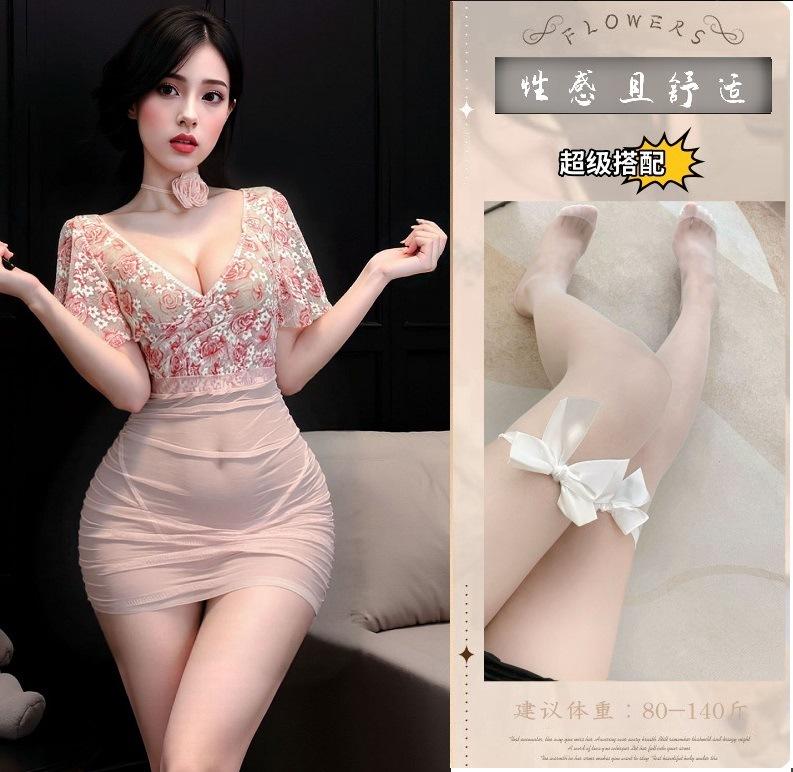 Sexy lingerie perspective deep V floral rose gauze hip skirt uniform suit flirting lingerie women