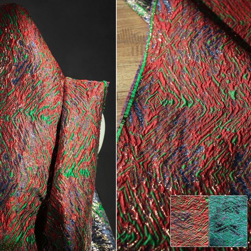 Red Green Undulating Veins Gilded Jacquard Heavy Texture Three-dimensional Chinese Style Coat Jacket Clothing Design Fabric
