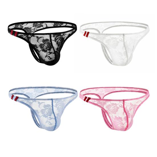 Yousheng Men Thong Low Waist See-through Embroidery Lace Flower Pattern Briefs Breathable Soft Stretch Slim Fit Underwear Honeymoon Valentine Wear