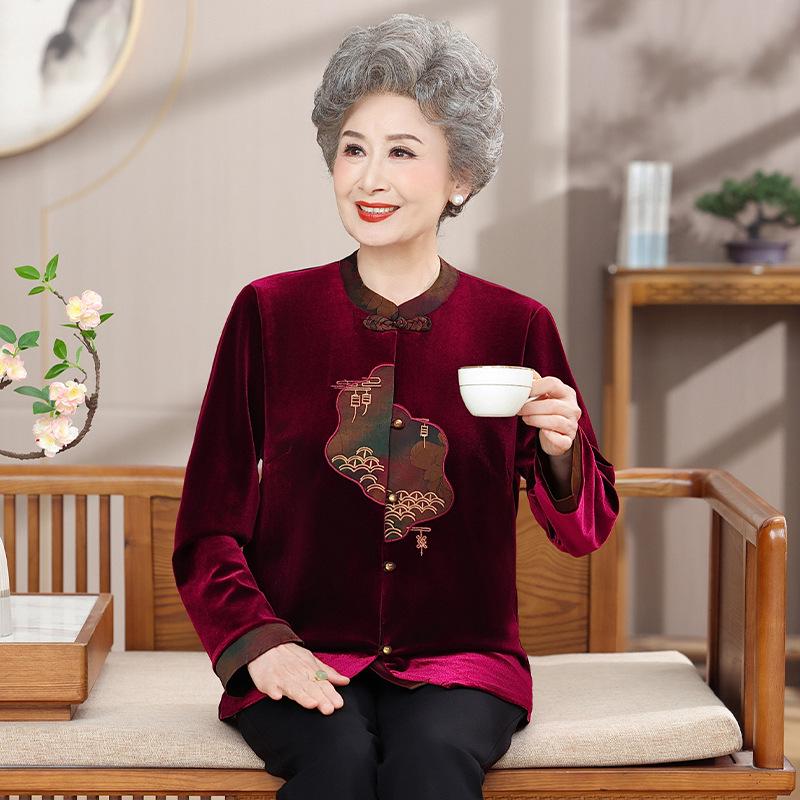 Stylish Long-Sleeve Tang Suit Shirt for Middle-Aged & Elderly Women