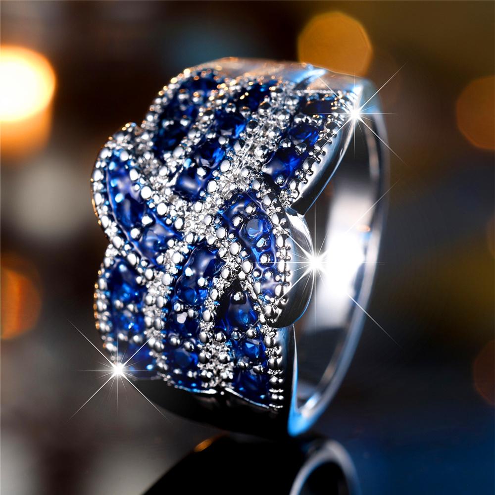Luxury Female Small White Blue Zircon Stone Finger Ring Vintage Silver Color Wedding Band Bridal Jewelry For Women
