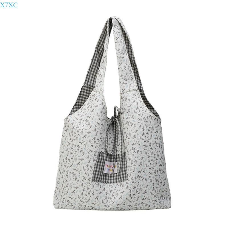 

X7XC Canvas Toted Bag Reusable Grocery Cloth Bag Floral Shoulder Bag for Beach Travel чорний