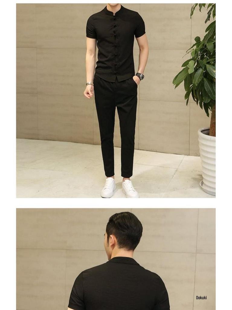 Men's Chinese Style Short Sleeve Tang Suit - Black Zhongshan Slim Fit Shirt