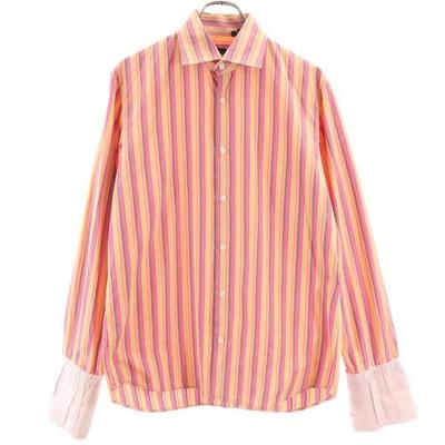 Striped Pattern Long Sleeve Shirt M Pink Double Cuffs Men's Used