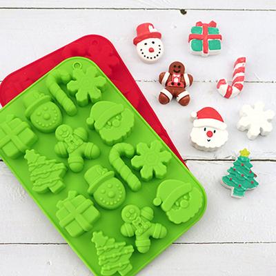 Christmas Silicone Mold 14 Cavities Santa Snowman Tree Cane Gift Box Non-stick Food Grade Easy Release DIY Fondant Chocolate Candy Biscuit Jelly