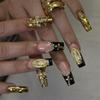 Coffin Press On Nails Long Square Fake Nails French Tip Glue On Nail with Gold Designs Reusable False Acrylic Nails Full Cover Stick On Nail for Women