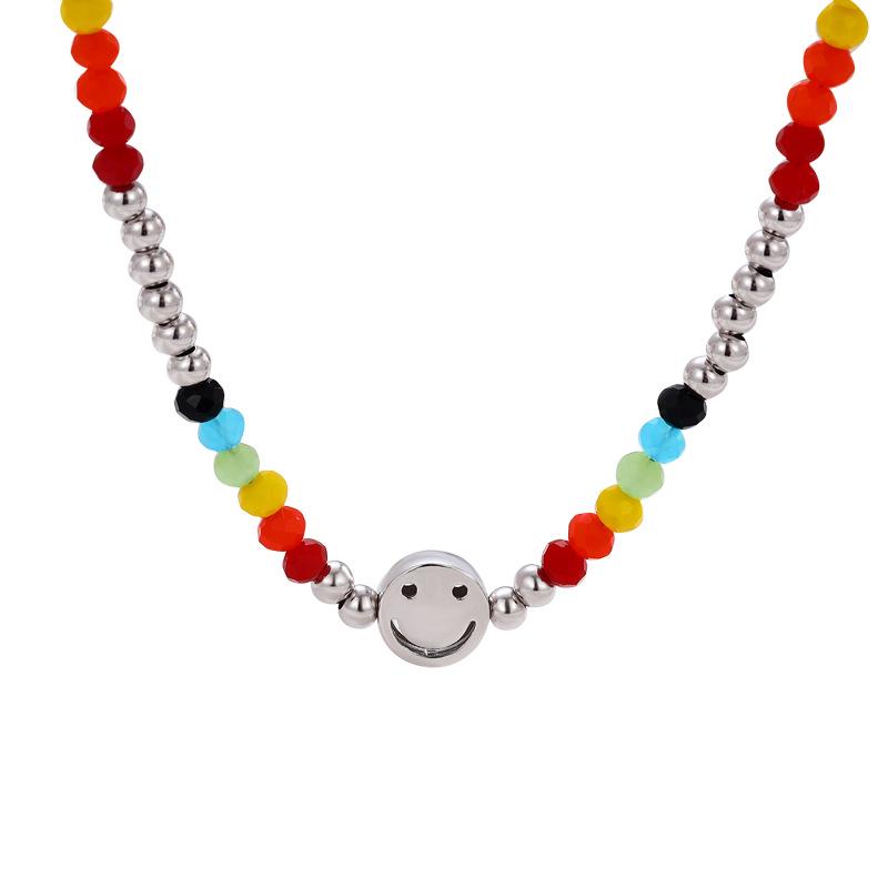 Korean Style S925 Sterling Silver Smiley Face Rainbow Necklace - Niche Beaded Clavicle Chain for Women
