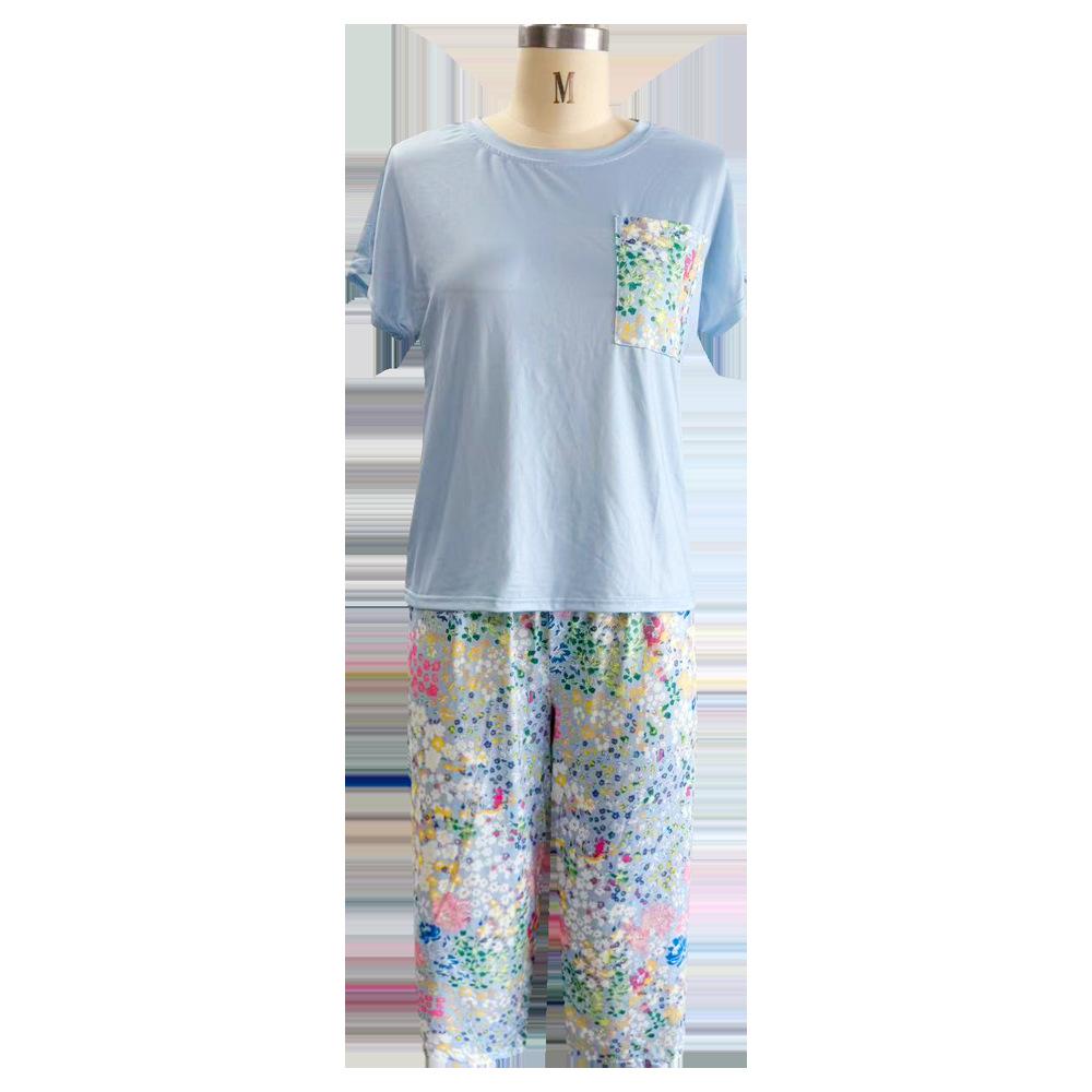Loose casual style loungewear printed knitted cotton round neck short-sleeved cropped pants pajamas women's suit