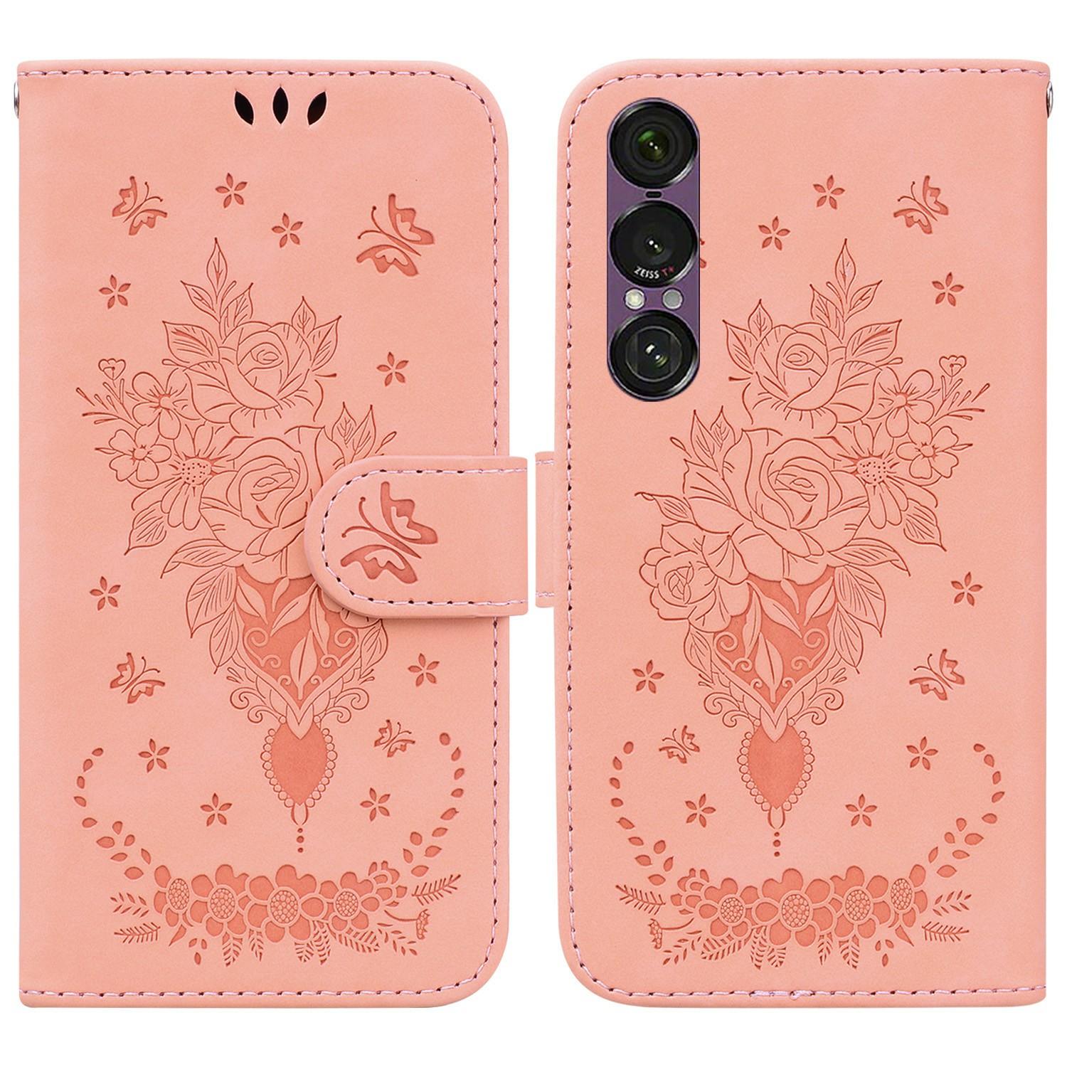 

For Sony Xperia 1 VII Case Butterfly Flower Imprint PU Leather Wallet Phone Cover with Strap Pink