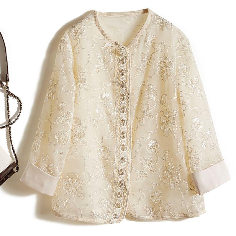 

If You Understand! Ten Thousand Yuan Quality Women Organza Gold Silk Embroidered Beads Single-Breasted Outerwear Summer Sun Protection Clothing Floral heavy embroidery 4XL