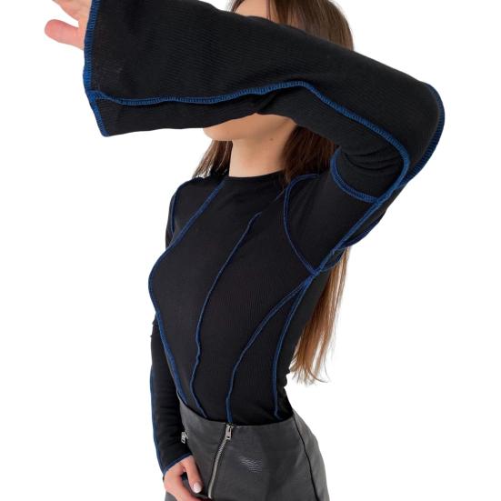 Women T-shirt Round Neck Long Flared Sleeve T-shirt Slim Fit Ribbed Three-Dimensional Line Decoration Pullover Tops