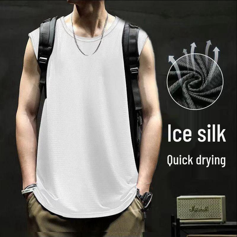 Pánské rychleschnoucí tílko bez rukávů z ledového hedvábí - Letní síťovina, Volný střih, Nadměrná velikost, Jednobarevné prodyšné sportovní oblečení.